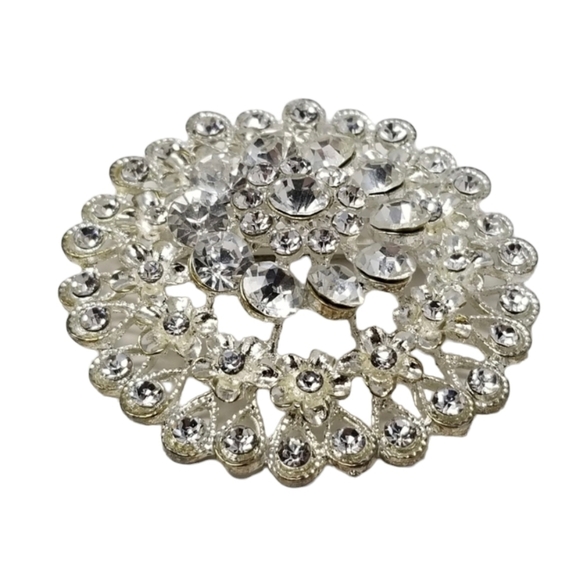 Large Clear Rhinestone Brooch Tiered Silver Tone Round 3D Flower Pin Teardrop - Picture 1 of 10